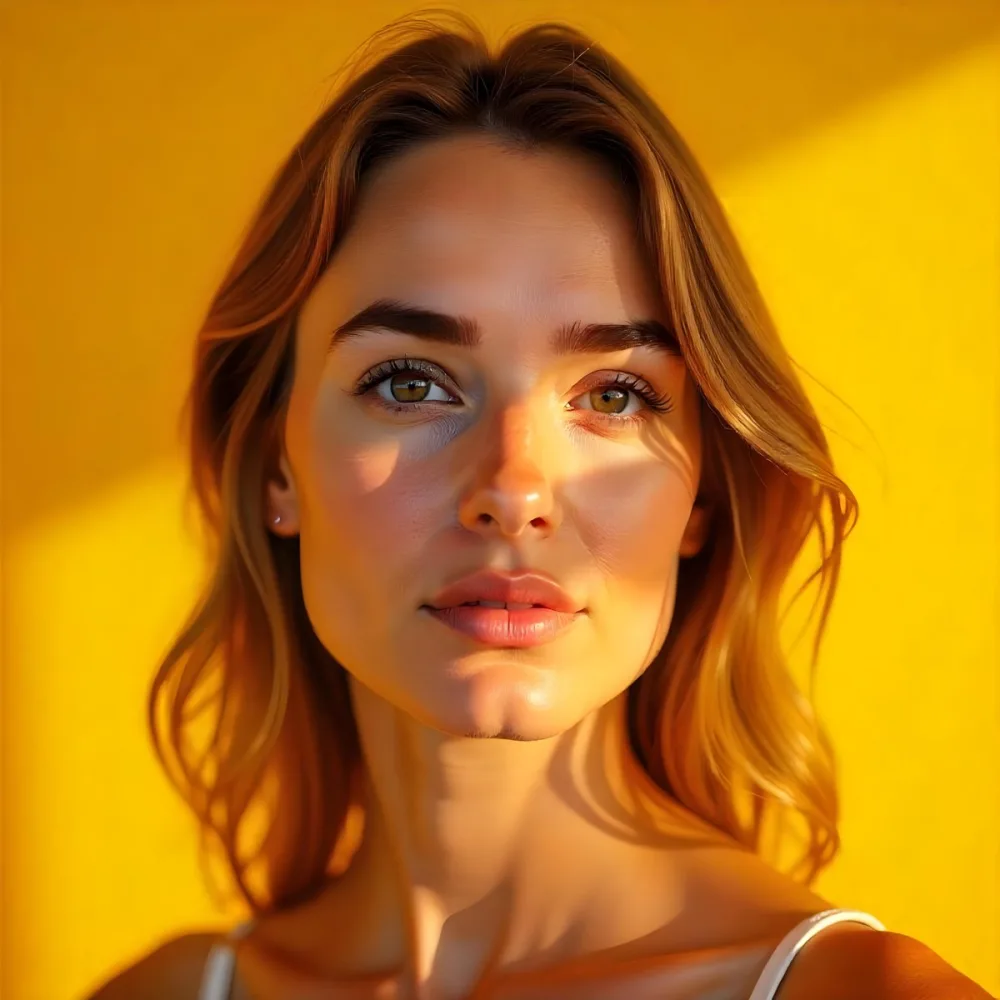 A White Woman 25 Years Old Brown Eyes With A Sun Flare On Her Face In A Bright Yellow Background 12 1485