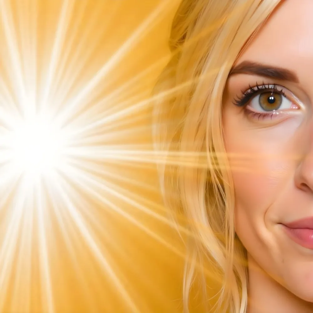 A White Woman 25 Years Old Brown Eyes With A Sun Flare On Her Face In A Bright Yellow Background 30 A048
