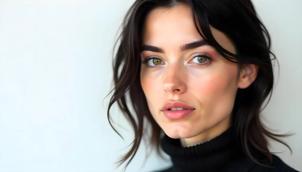 A White Woman 25 Years Old Fair Skin Black Hair Pink Eyeshadow Big Brown Lips Black Turtleneck Sweater In A White Background 13 D053