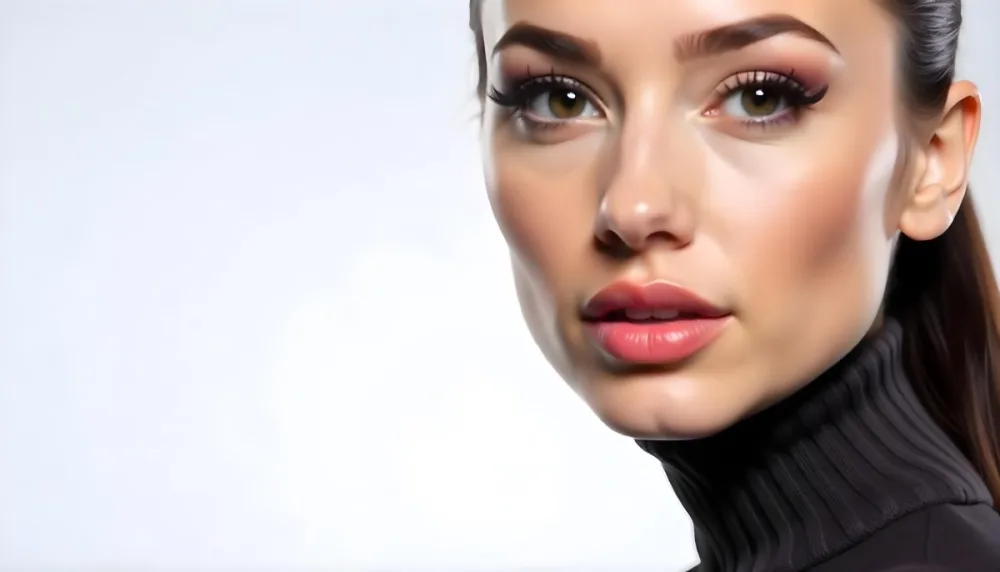 A White Woman 25 Years Old Fair Skin Black Hair Pink Eyeshadow Big Brown Lips Black Turtleneck Sweater In A White Background 17 84eb