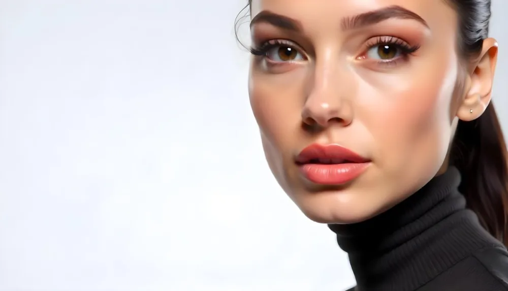 A White Woman 25 Years Old Fair Skin Black Hair Pink Eyeshadow Big Brown Lips Black Turtleneck Sweater In A White Background 18 E642