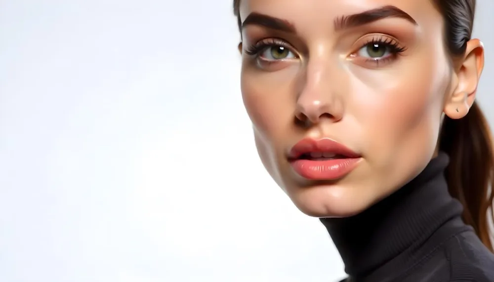 A White Woman 25 Years Old Fair Skin Black Hair Pink Eyeshadow Big Brown Lips Black Turtleneck Sweater In A White Background 22 Ea74