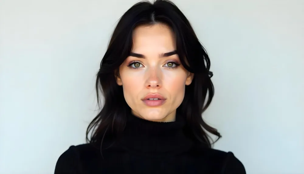 A White Woman 25 Years Old Fair Skin Black Hair Pink Eyeshadow Big Brown Lips Black Turtleneck Sweater In A White Background 5 95d5