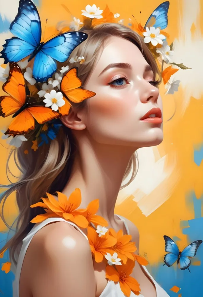 A White Woman 25 Years Old White Lips With A Orange Butterfly On Her Head White Flowers Around Her Face White Dress Yellow And Blue Background 13 Cf93 B059