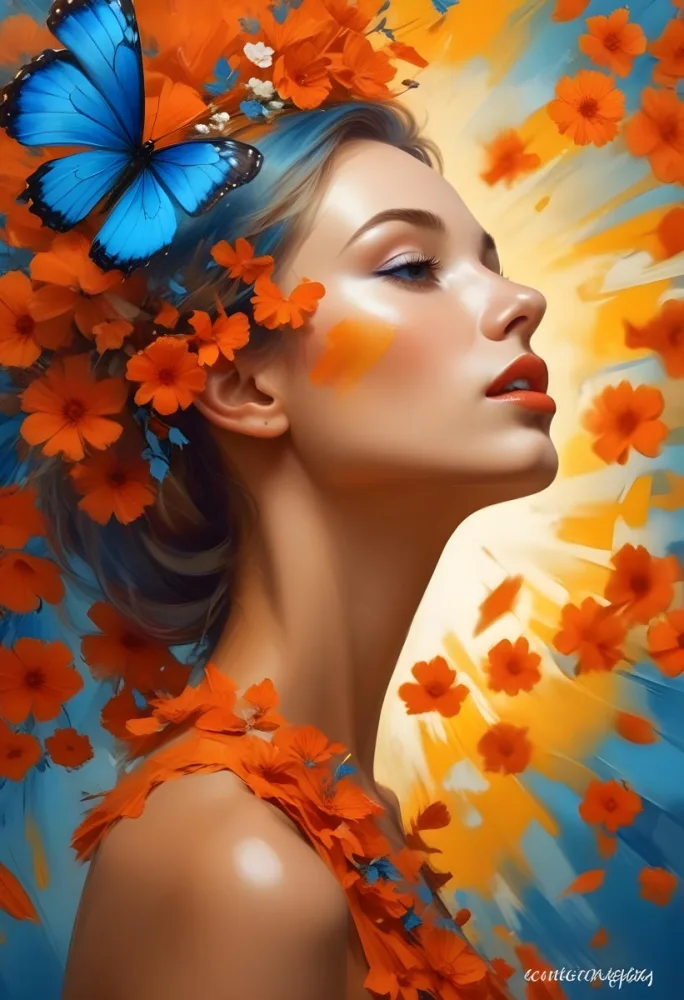 A White Woman 25 Years Old White Lips With A Orange Butterfly On Her Head White Flowers Around Her Face White Dress Yellow And Blue Background 16 C570
