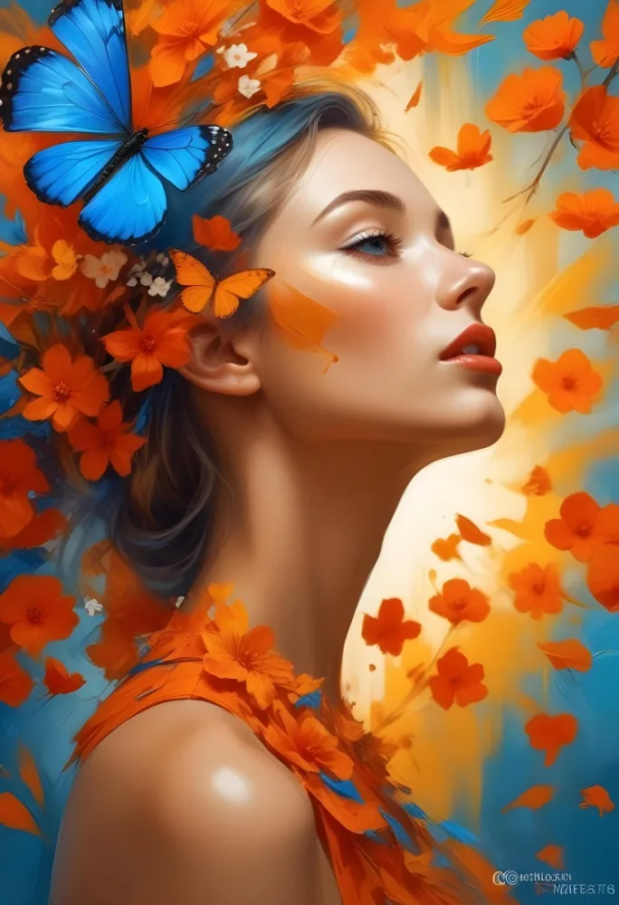 A White Woman 25 Years Old White Lips With A Orange Butterfly On Her Head White Flowers Around Her Face White Dress Yellow And Blue Background 20 2e7d 71d3