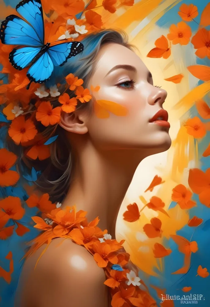 A White Woman 25 Years Old White Lips With A Orange Butterfly On Her Head White Flowers Around Her Face White Dress Yellow And Blue Background 25 Cb16