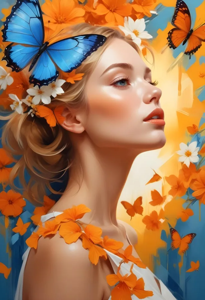 A White Woman 25 Years Old White Lips With A Orange Butterfly On Her Head White Flowers Around Her Face White Dress Yellow And Blue Background 27 B725 4802