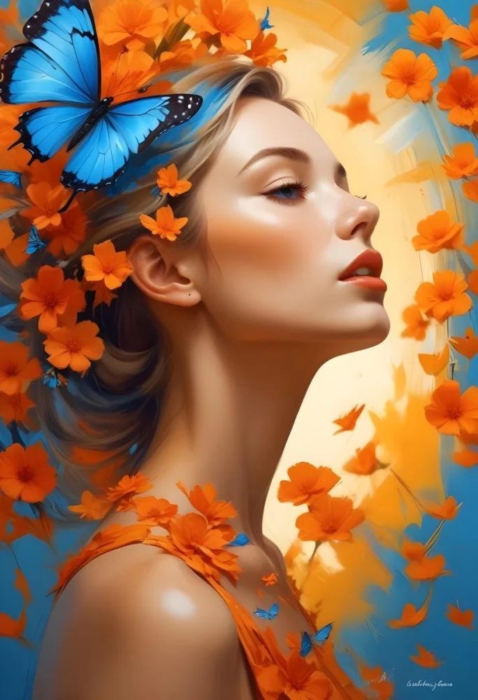 A White Woman 25 Years Old White Lips With A Orange Butterfly On Her Head White Flowers Around Her Face White Dress Yellow And Blue Background 8 2705