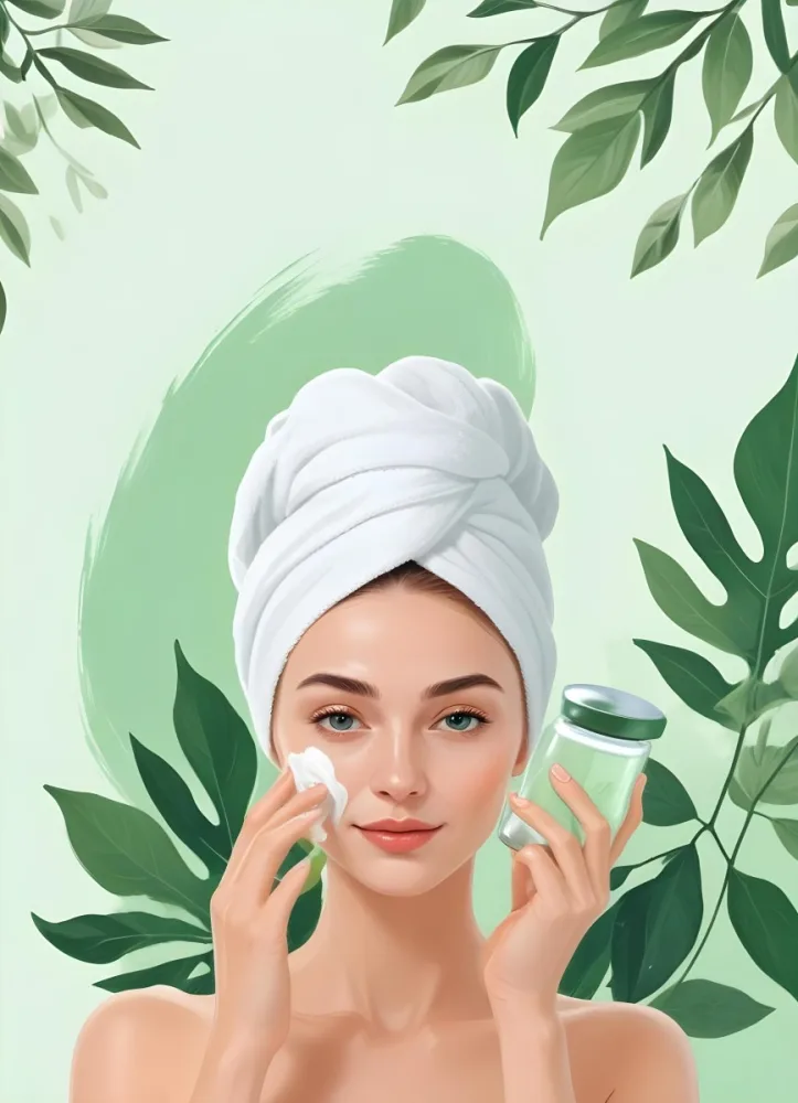 A White Woman 25 Years Old With A Towel On Her Head Applying Cream On Her Face With A Jar Of Cream In Her Hand Light Green Background With Leaves 1 4b69
