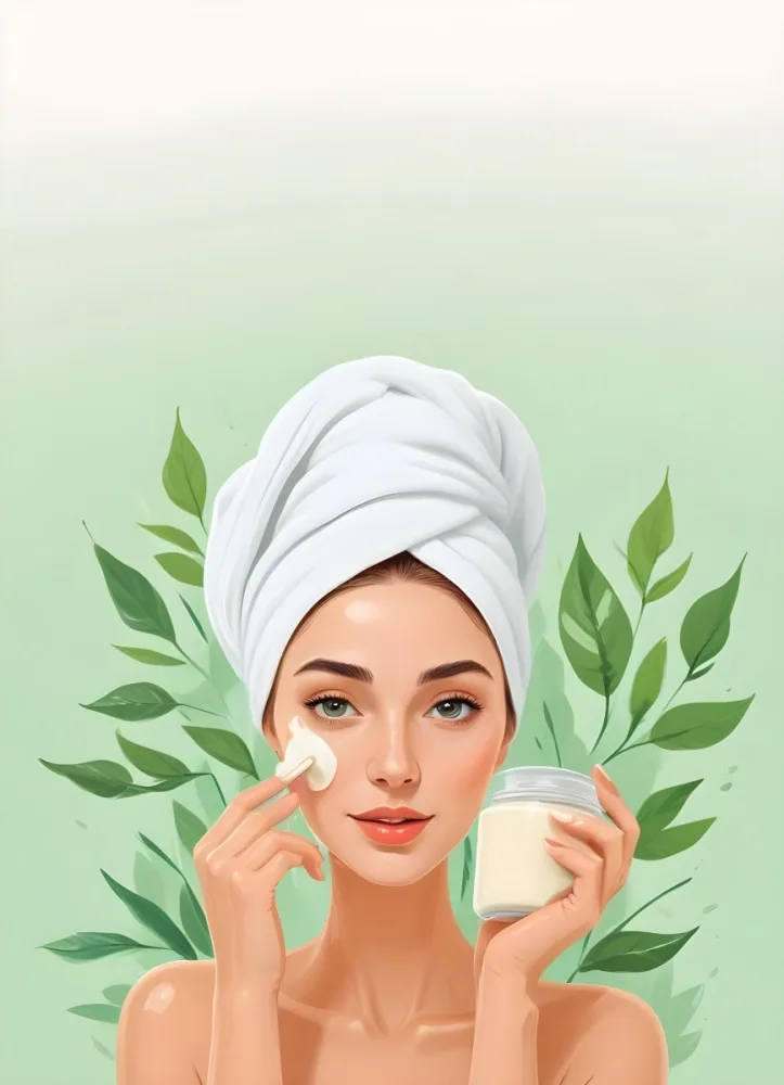 A White Woman 25 Years Old With A Towel On Her Head Applying Cream On Her Face With A Jar Of Cream In Her Hand Light Green Background With Leaves 4 7558