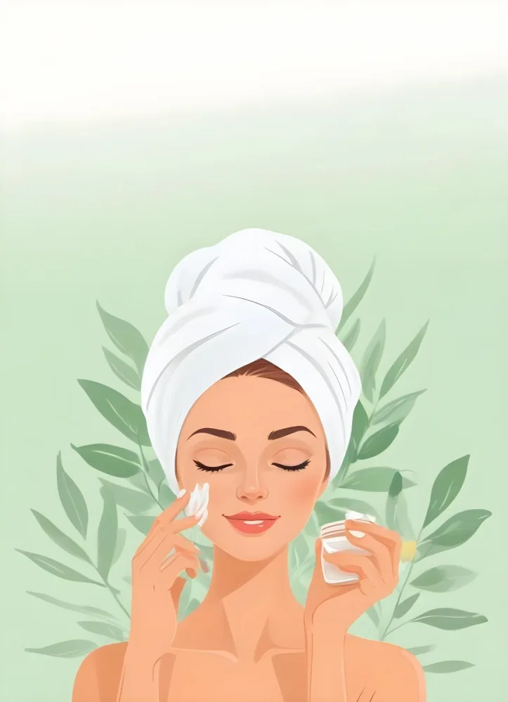 A White Woman 25 Years Old With A Towel On Her Head Applying Cream On Her Face With A Jar Of Cream In Her Hand Light Green Background With Leaves 7 4fa6