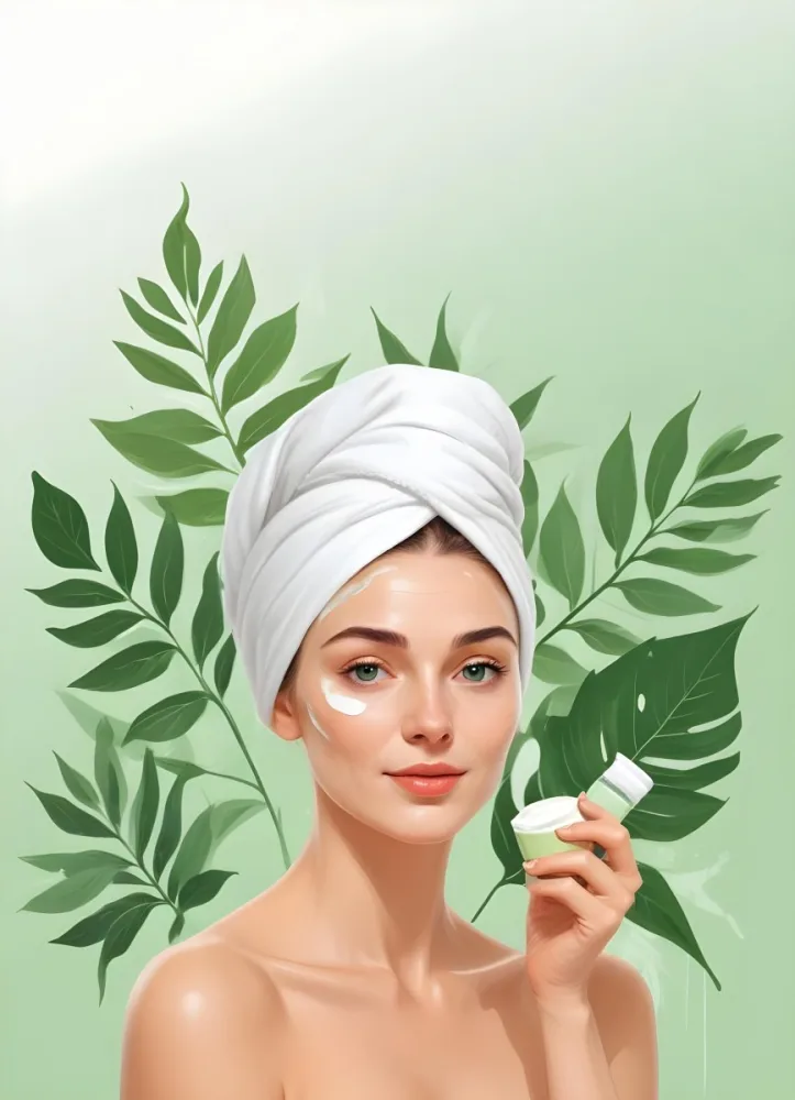 A White Woman 25 Years Old With A Towel On Her Head Applying Cream On Her Face With A Jar Of Cream In Her Hand Light Green Background With Leaves 9 Fe28