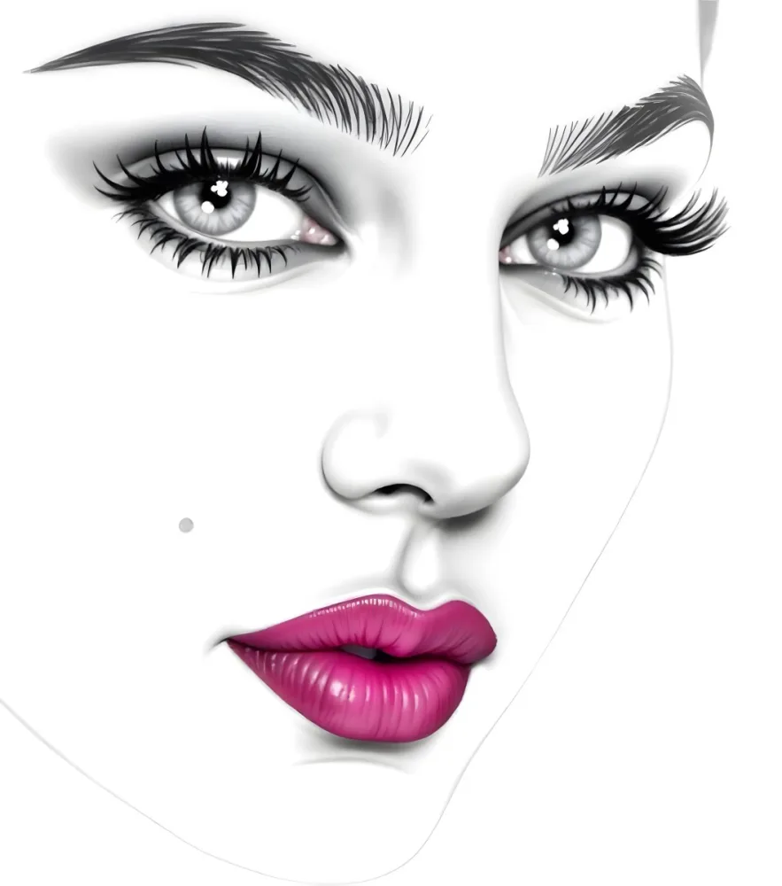 A White Woman 25 Years Old With Black Hair Pink Lips And A Mole On Her Face White Background 5 7b7a