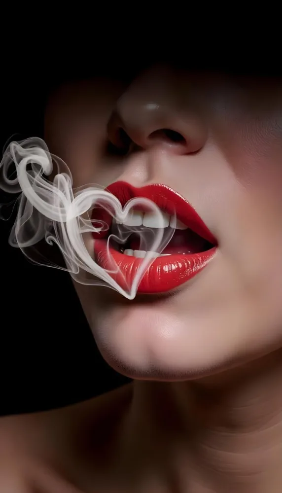A White Woman 25 Years Old With Black Lipstick Blowing A Heart Shaped Smoke In A Black Background 21 7d30
