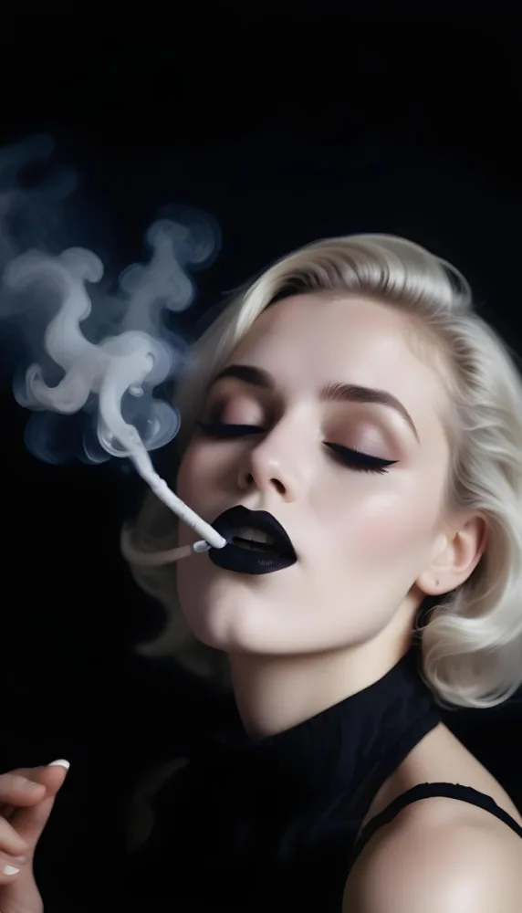 A White Woman 25 Years Old With Black Lipstick Blowing A Heart Shaped Smoke In A Black Background 24 2a1a