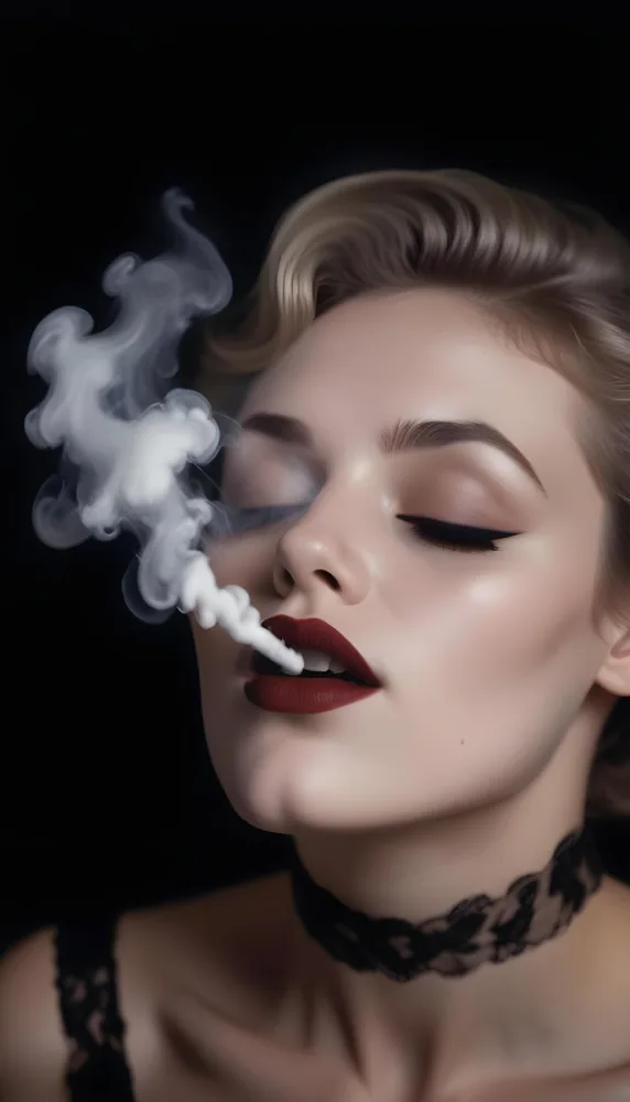 A White Woman 25 Years Old With Black Lipstick Blowing A Heart Shaped Smoke In A Black Background 25 Edda