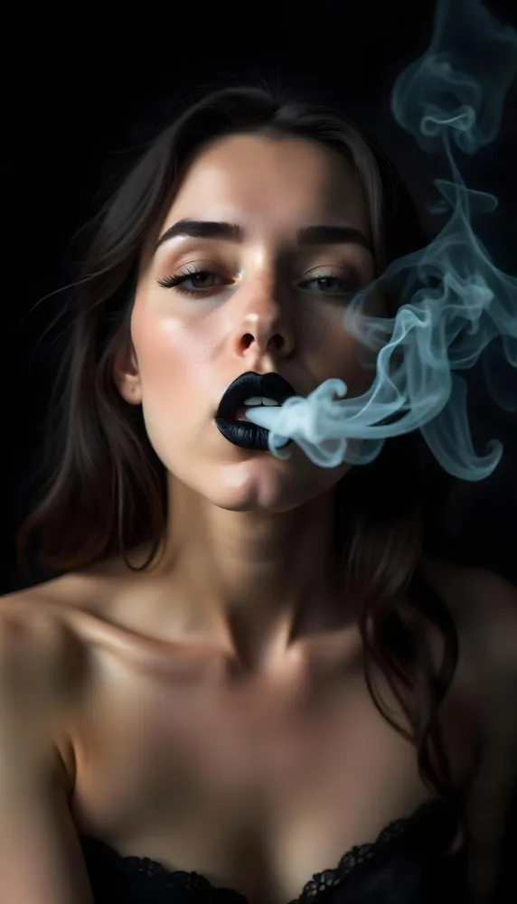 A White Woman 25 Years Old With Black Lipstick Blowing A Heart Shaped Smoke In A Black Background 3 Fae2
