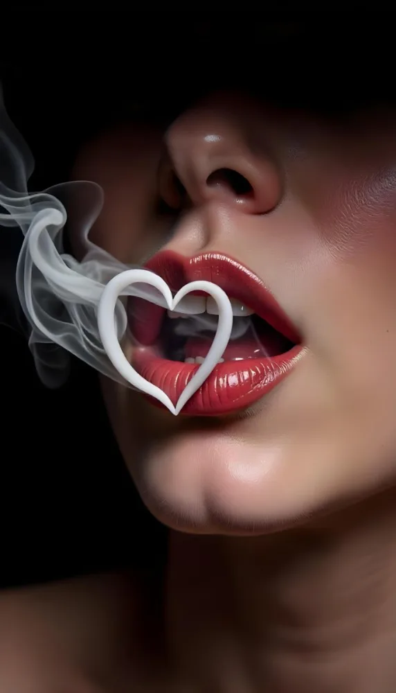 A White Woman 25 Years Old With Black Lipstick Blowing A Heart Shaped Smoke In A Black Background 8 D38e