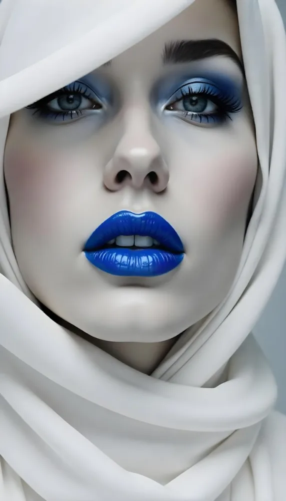 A White Woman 25 Years Old With Blue Lips And Blue Hijab In A Grey Background 7 E9d2