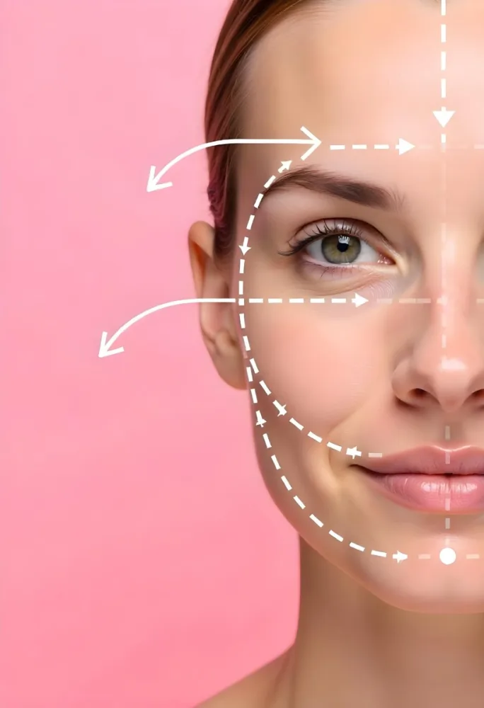 A White Woman 25 Years Old With Brown Hair Face Massage Guide Arrows Pink Background 15 008c