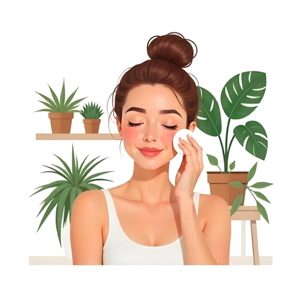 A White Woman 25 Years Old With Brown Hair In A Bun Cleaning Her Face With A Cotton Pad With Plants On A Shelf And Plants In The Background 9 8399