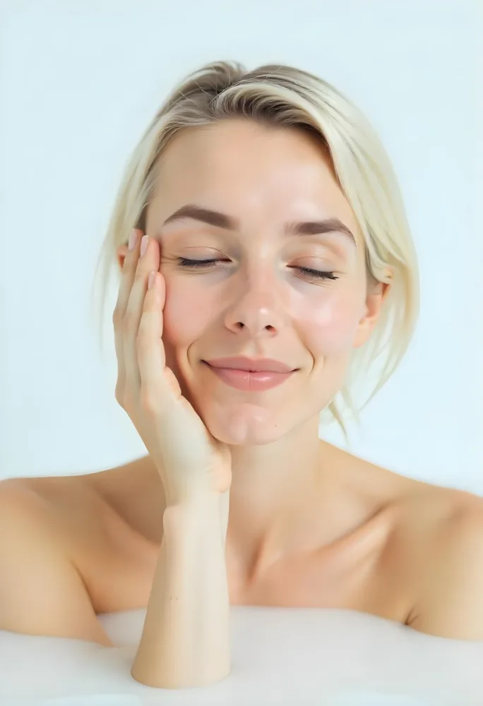 A White Woman 25 Years Old With Closed Eyes And Short Hair Submerged In Milk With Her Hand On Her Face In A White Background 28 C3c7