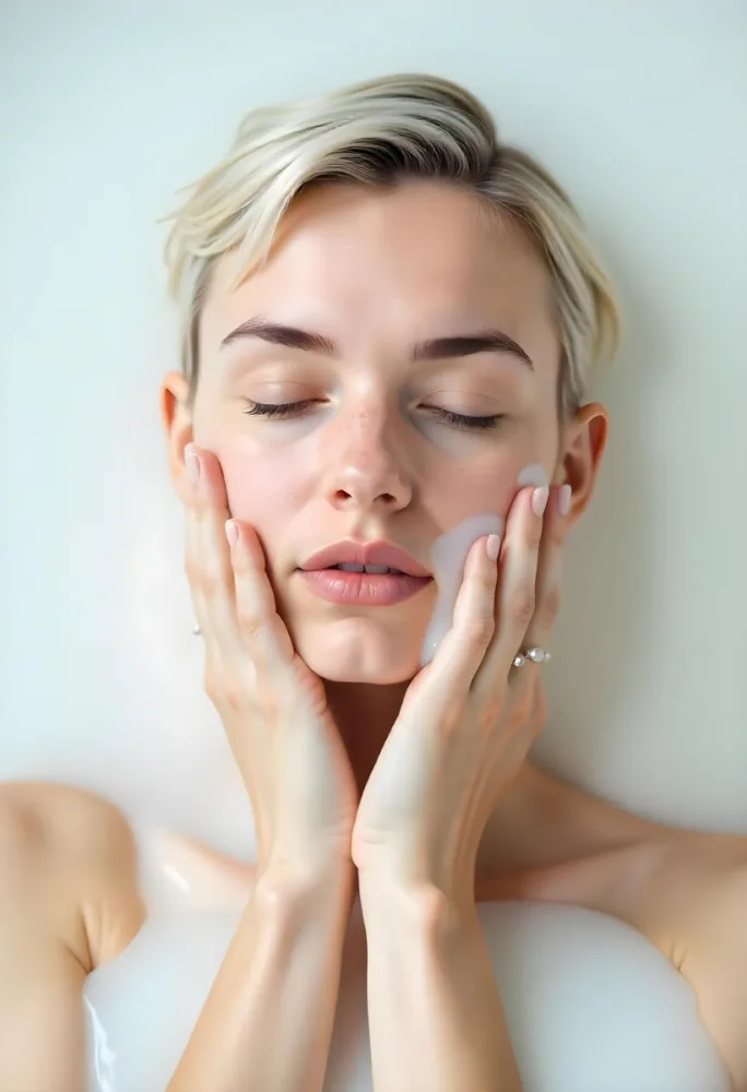 A White Woman 25 Years Old With Closed Eyes And Short Hair Submerged In Milk With Her Hand On Her Face In A White Background 3 50f9