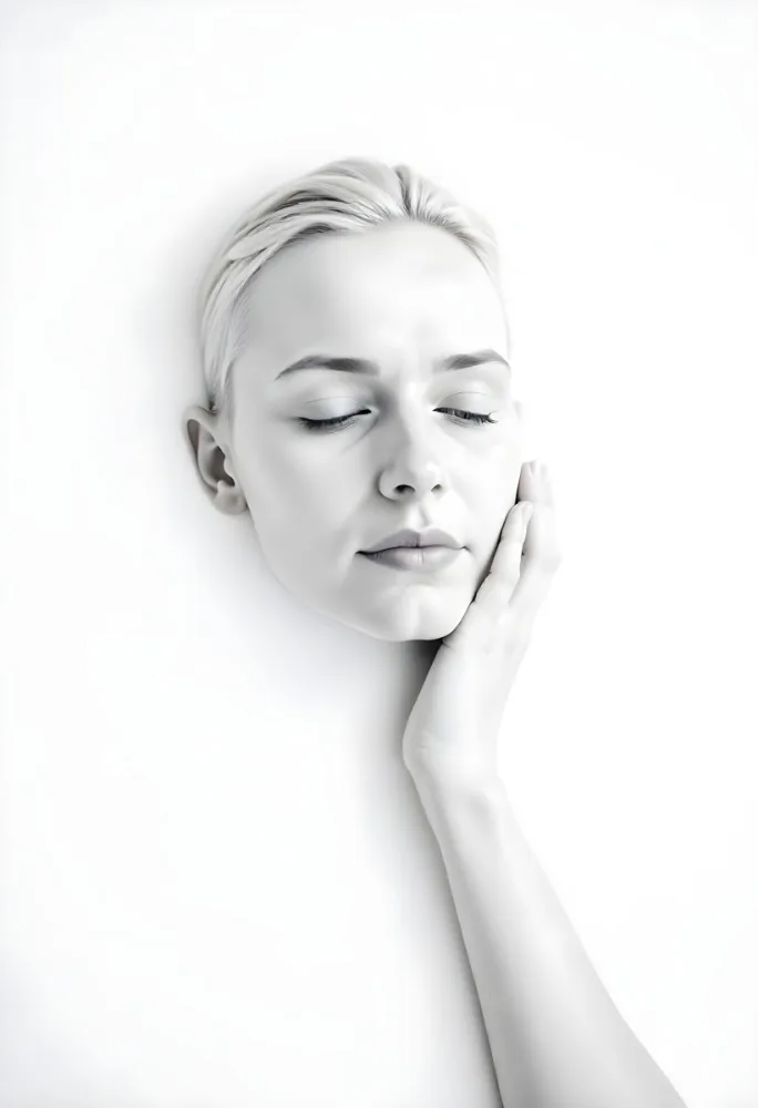 A White Woman 25 Years Old With Closed Eyes And Short Hair Submerged In Milk With Her Hand On Her Face In A White Background 34 1871