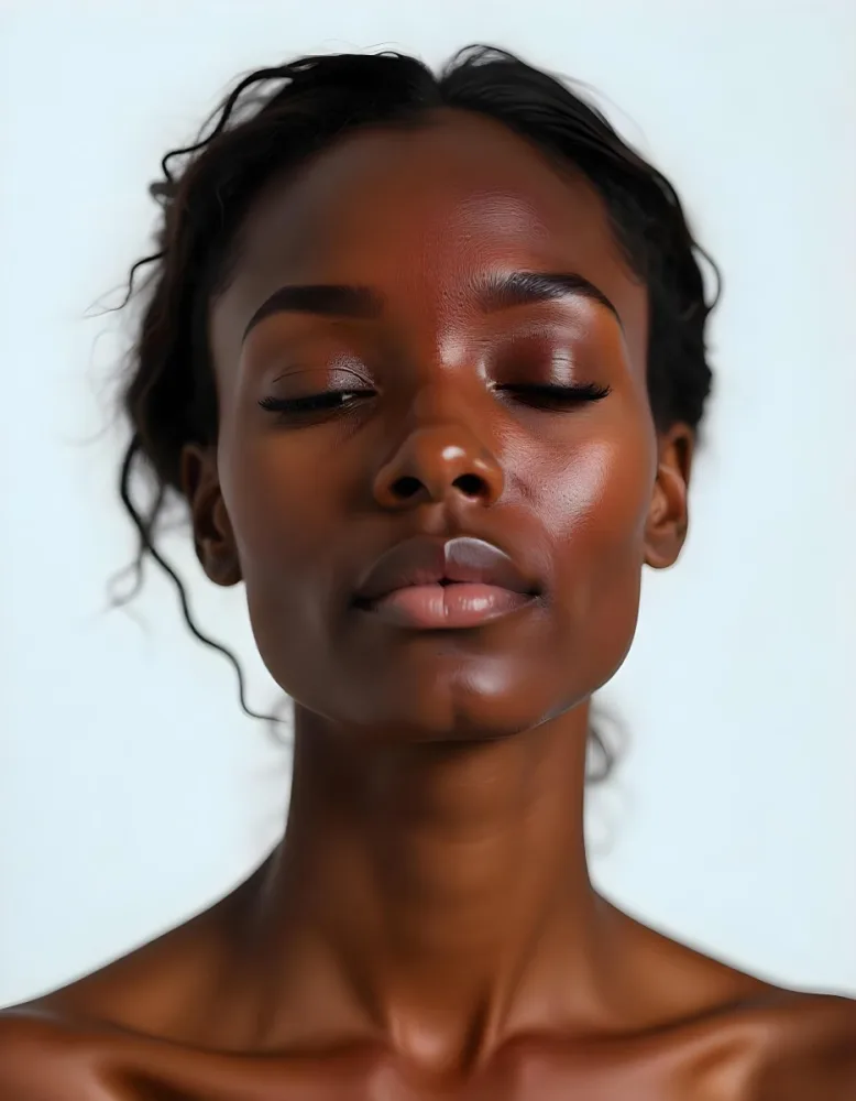 A White Woman 25 Years Old With Closed Eyes Dark Skin And Light Eyelashes In A White Background 60 064f