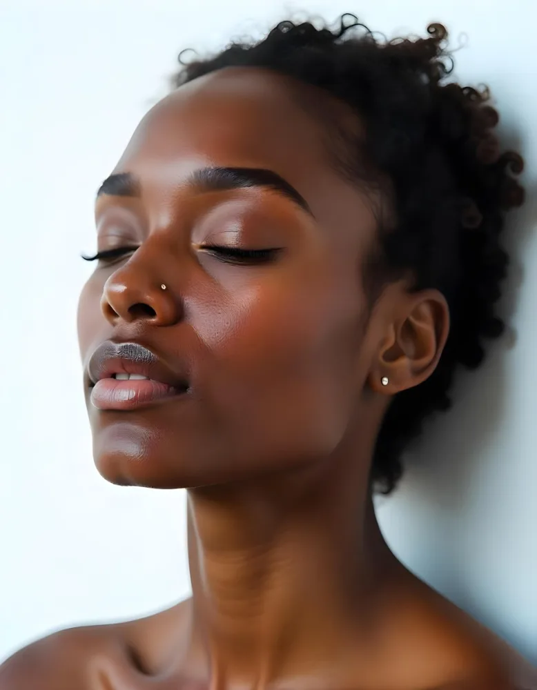A White Woman 25 Years Old With Closed Eyes Dark Skin And Light Eyelashes In A White Background 62 132e