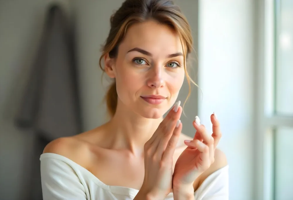 A White Woman 25 Years Old With Fair Skin And Brown Hair Applying Cream On Her Hands In A Bright Room 1 20c3