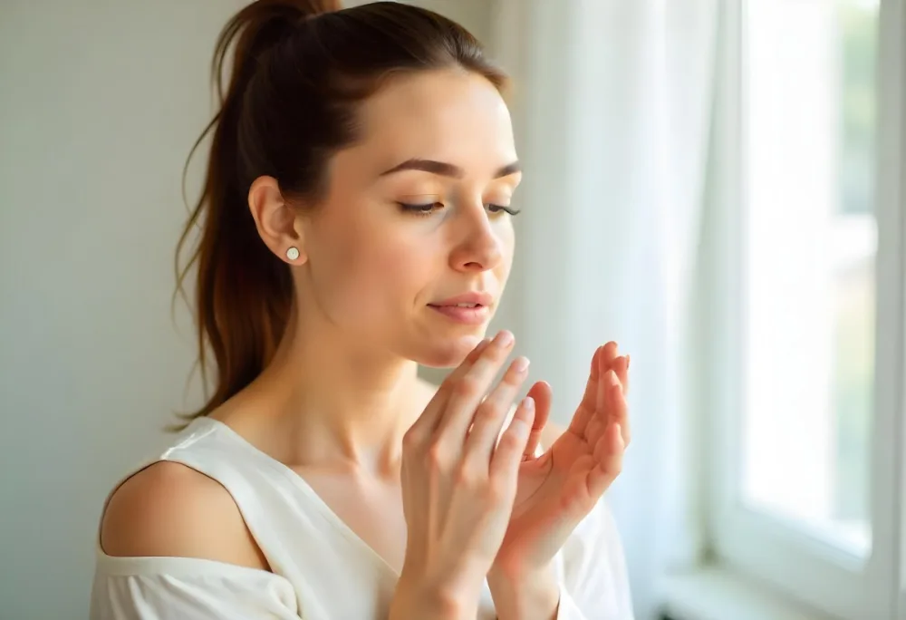 A White Woman 25 Years Old With Fair Skin And Brown Hair Applying Cream On Her Hands In A Bright Room 5 6de5