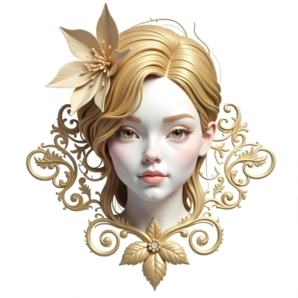 A White Woman 25 Years Old With Golden Hair And White Flower On Her Head White Lips White Skin In A White Background 15 8039