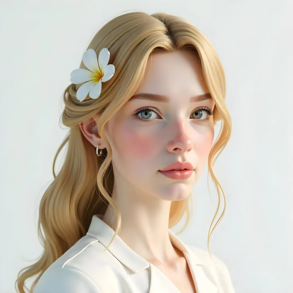 A White Woman 25 Years Old With Golden Hair And White Flower On Her Head White Lips White Skin In A White Background 32 F95f