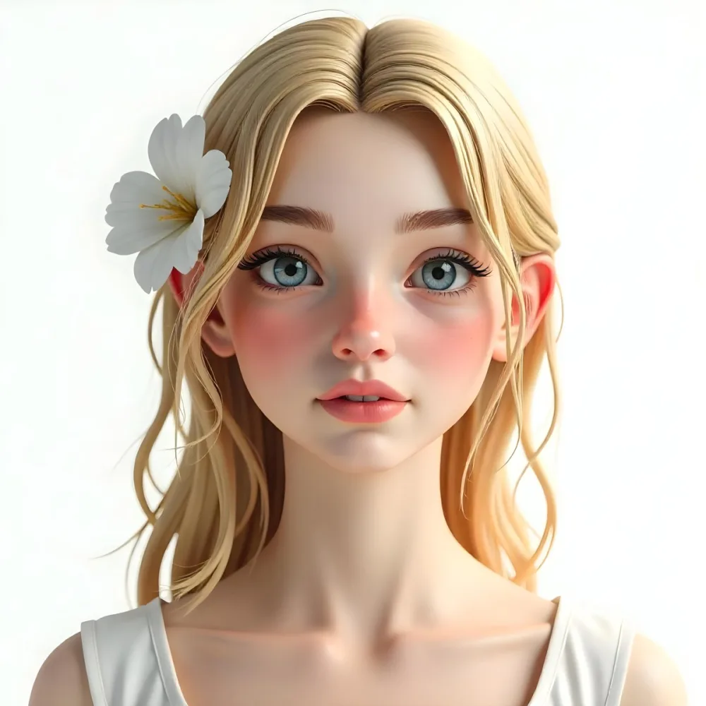 A White Woman 25 Years Old With Golden Hair And White Flower On Her Head White Lips White Skin In A White Background 6 Ef1d
