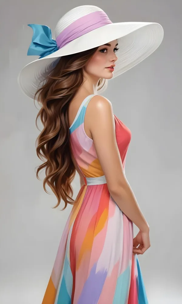 A White Woman 25 Years Old With Long Wavy Brown Hair Wearing A Colorful Dress And A White Hat In A Studio 10 Ed9a