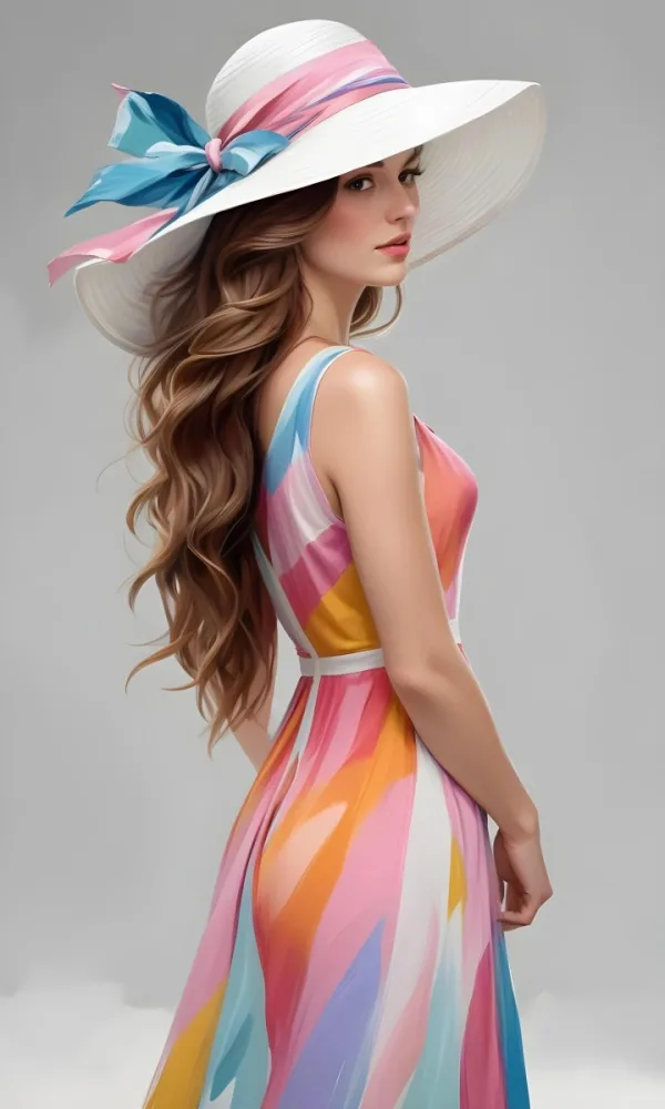 A White Woman 25 Years Old With Long Wavy Brown Hair Wearing A Colorful Dress And A White Hat In A Studio 13 0f4f