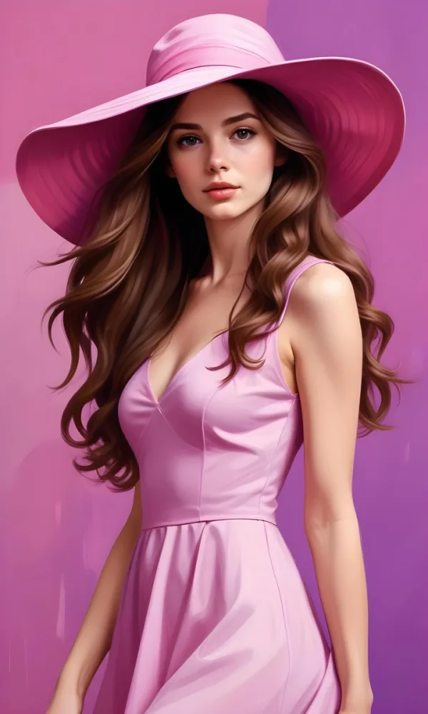 A White Woman 25 Years Old With Long Wavy Brown Hair Wearing A Pink Dress And A Purple Hat Pink Background 1 De1b