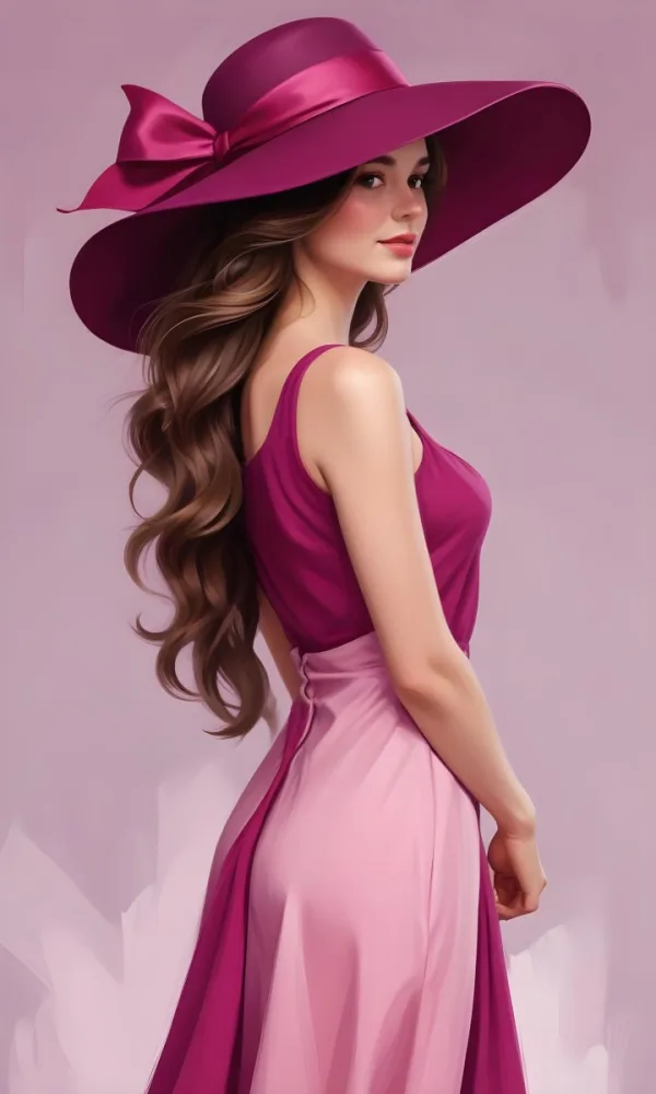 A White Woman 25 Years Old With Long Wavy Brown Hair Wearing A Pink Dress And A Purple Hat Pink Background 19 02b9