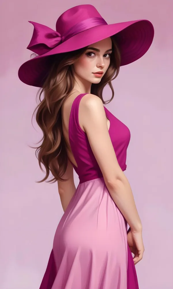 A White Woman 25 Years Old With Long Wavy Brown Hair Wearing A Pink Dress And A Purple Hat Pink Background 21 Ab55