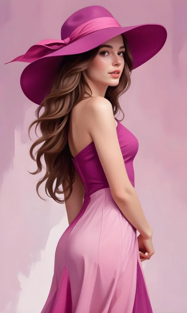 A White Woman 25 Years Old With Long Wavy Brown Hair Wearing A Pink Dress And A Purple Hat Pink Background 22 C612