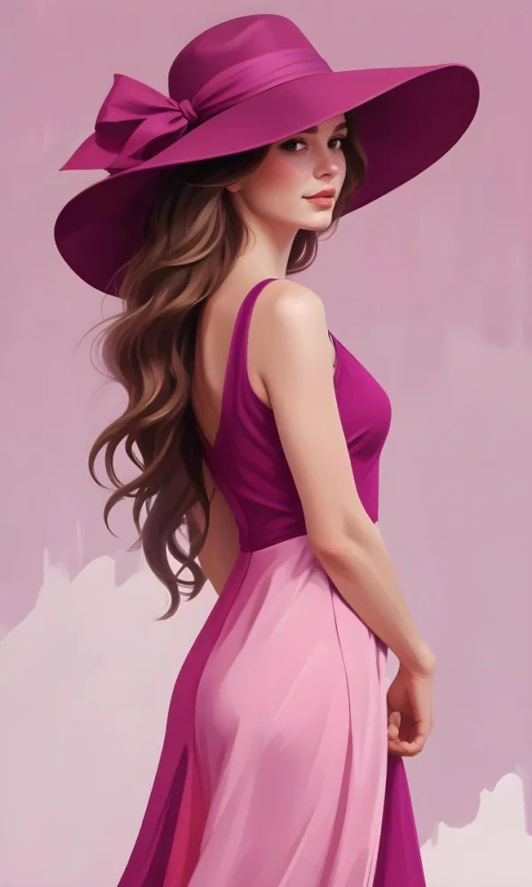 A White Woman 25 Years Old With Long Wavy Brown Hair Wearing A Pink Dress And A Purple Hat Pink Background 24 0890
