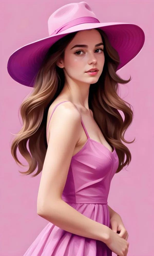 A White Woman 25 Years Old With Long Wavy Brown Hair Wearing A Pink Dress And A Purple Hat Pink Background 4 9b99