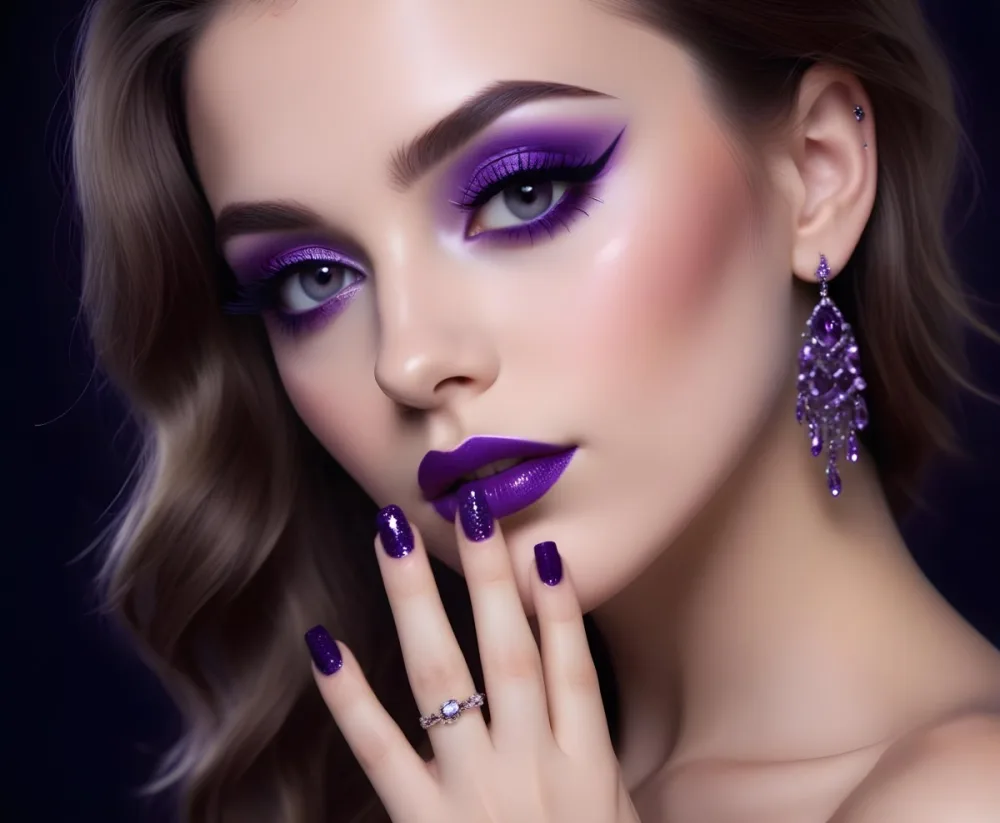A White Woman 25 Years Old With Purple Makeup And Purple Nails Long Black Eyelashes Wearing Earrings With Purple Gems In A Dark Background With Purple Sparkles 10 C0a0
