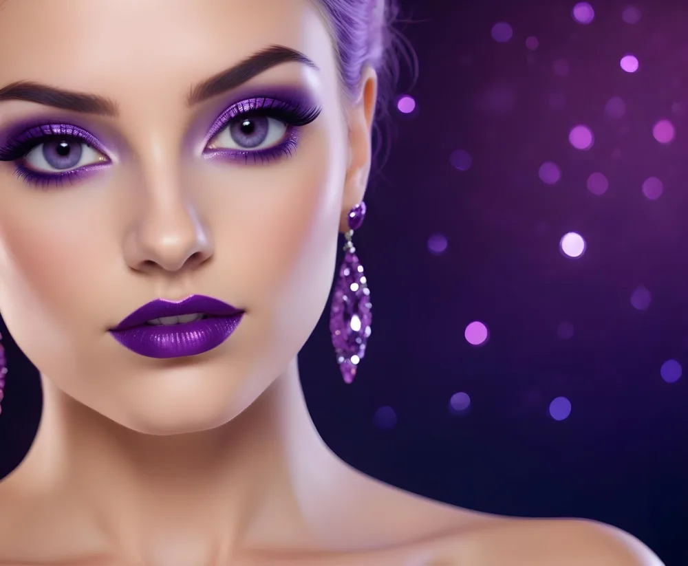 A White Woman 25 Years Old With Purple Makeup And Purple Nails Long Black Eyelashes Wearing Earrings With Purple Gems In A Dark Background With Purple Sparkles 12 626a