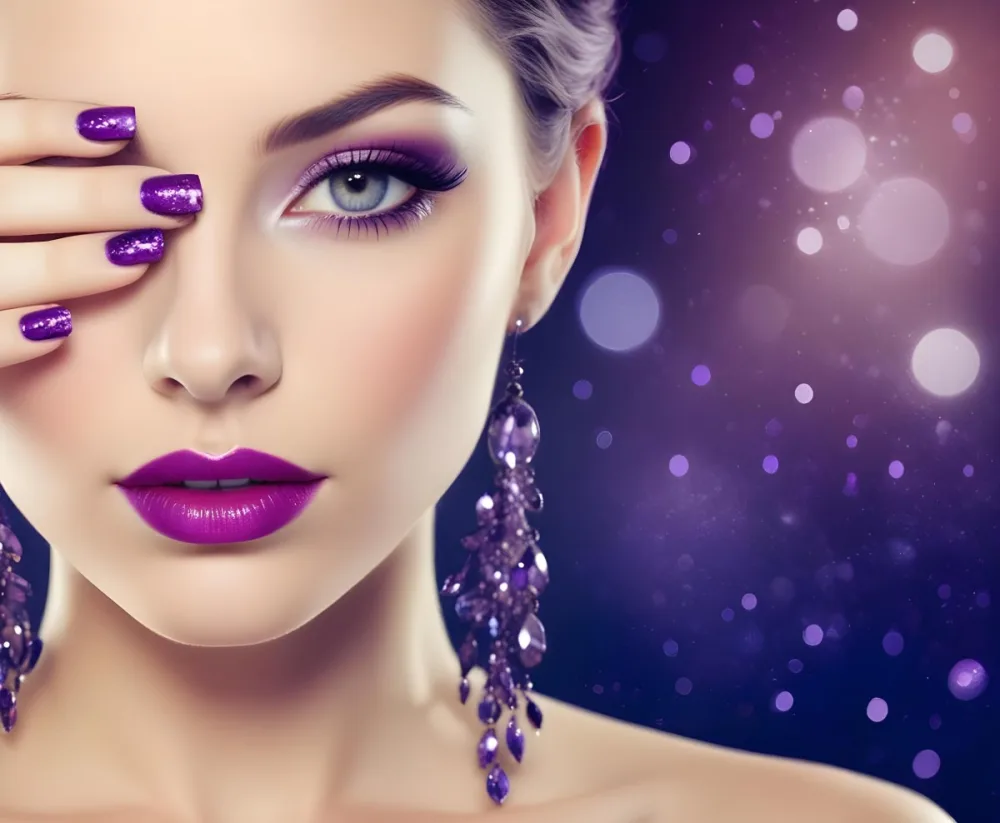 A White Woman 25 Years Old With Purple Makeup And Purple Nails Long Black Eyelashes Wearing Earrings With Purple Gems In A Dark Background With Purple Sparkles 5 6a3c