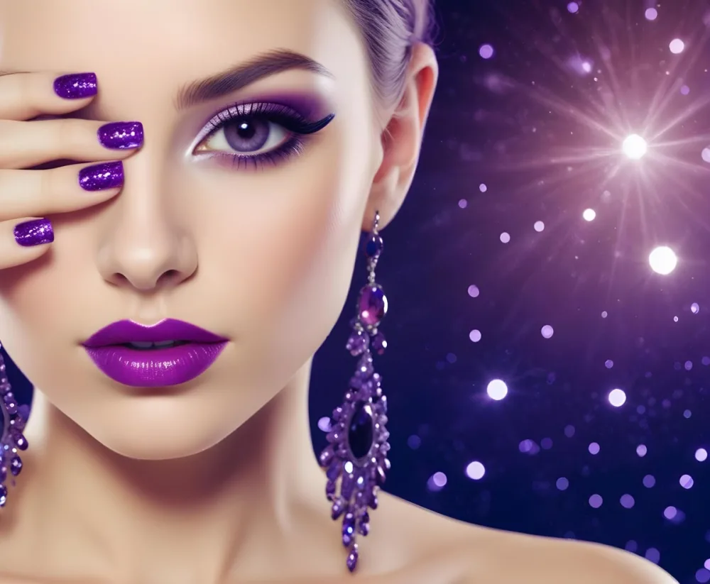 A White Woman 25 Years Old With Purple Makeup And Purple Nails Long Black Eyelashes Wearing Earrings With Purple Gems In A Dark Background With Purple Sparkles 6 1d68