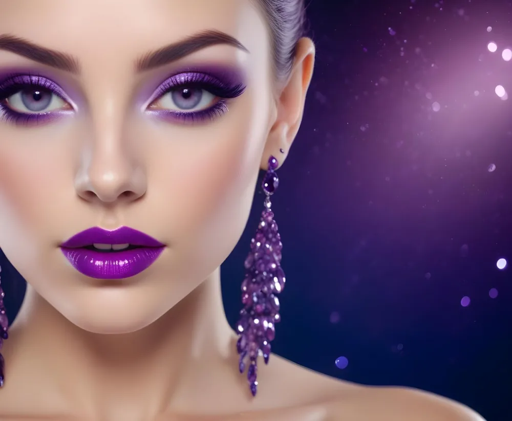 A White Woman 25 Years Old With Purple Makeup And Purple Nails Long Black Eyelashes Wearing Earrings With Purple Gems In A Dark Background With Purple Sparkles 8 4530