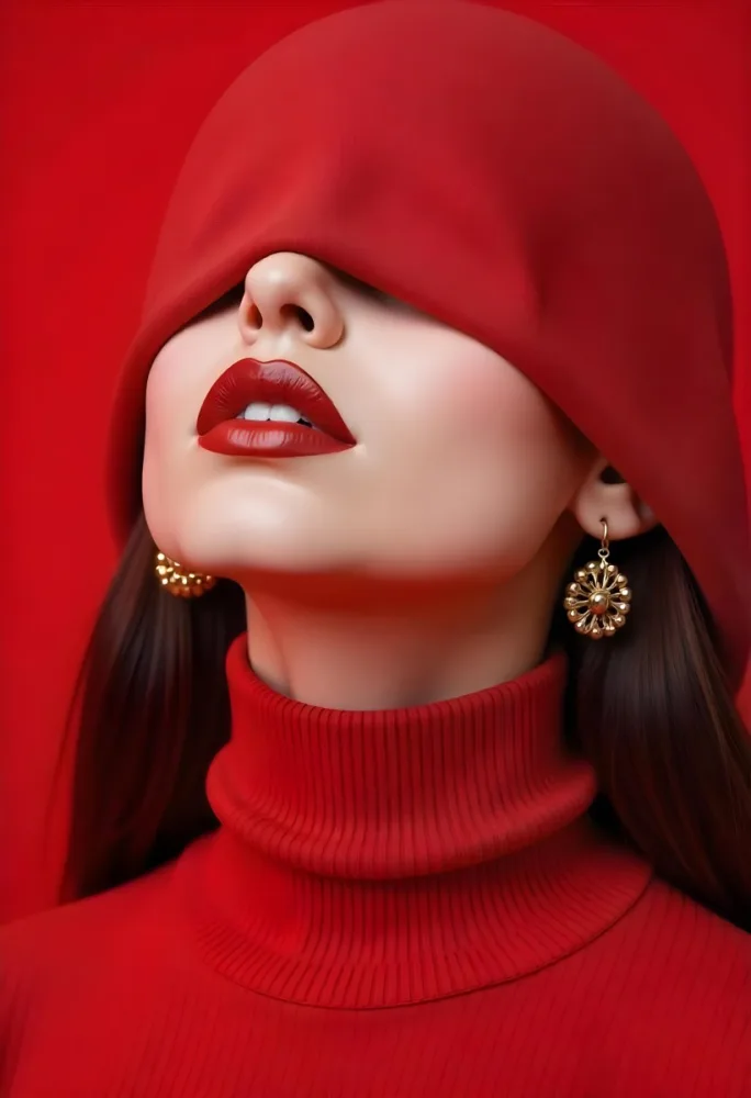 A White Woman 25 Years Old With Red Hair Brown Lipstick And A White Hood Covering Her Eyes In A White Background 7 91a9